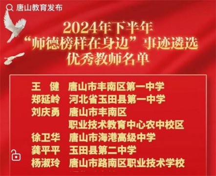 师德润乡土，职教绽芳华——丰南职教中心教师在唐山市“师德榜样在身边”优秀教师事迹遴选活动中取得优异成绩获市级师德标兵称号